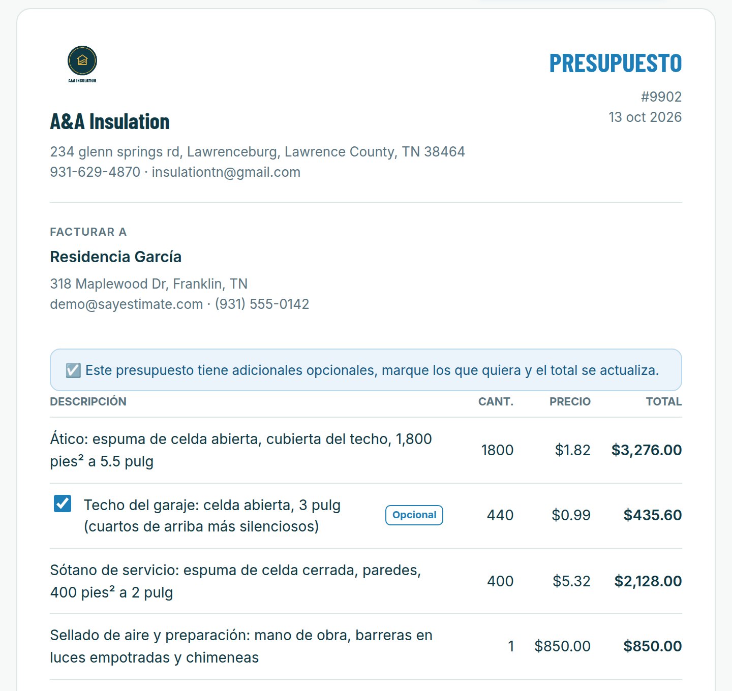 Un presupuesto real de SayEstimate tal como lo ve el cliente