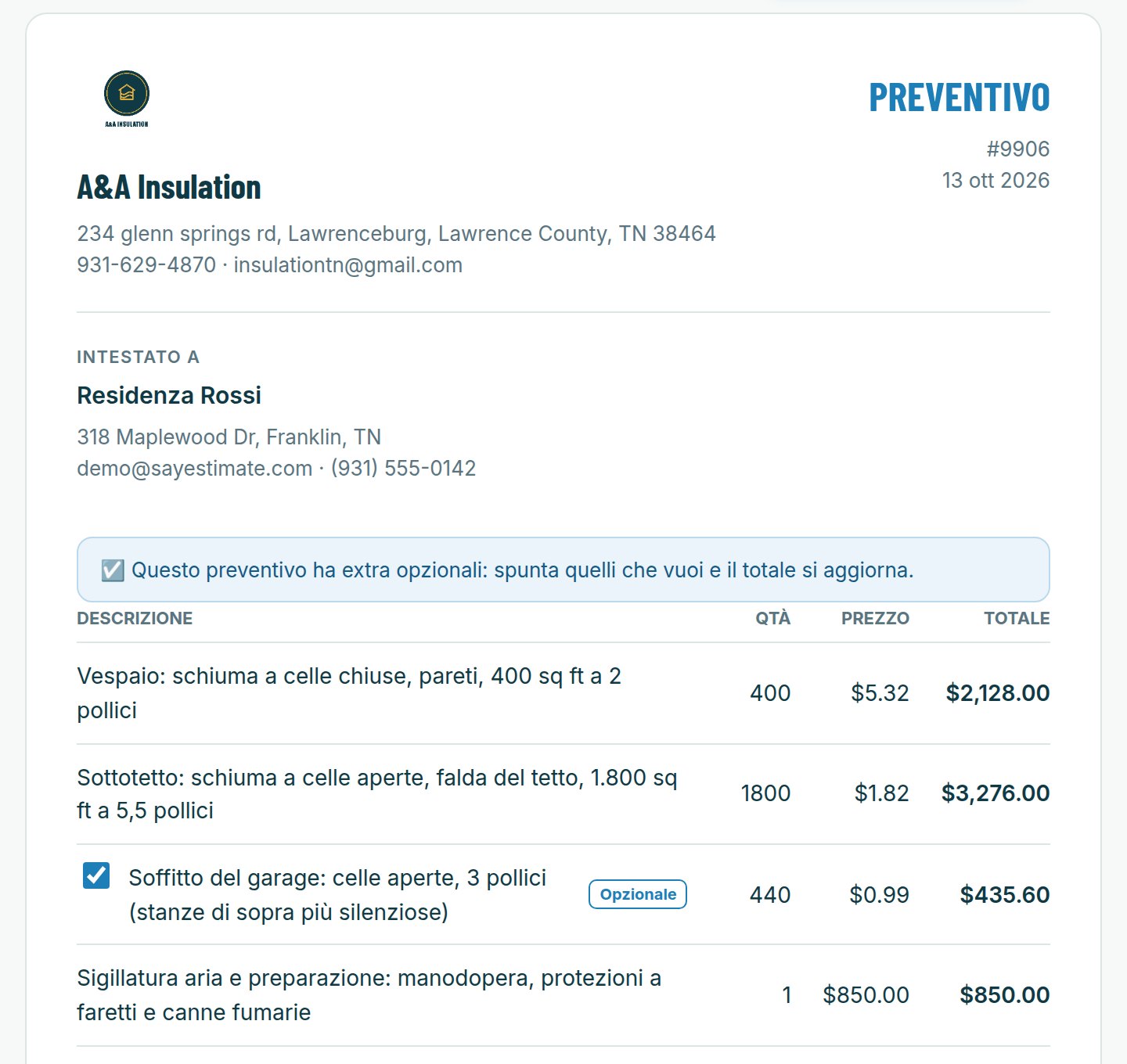 Un vero preventivo SayEstimate come lo vede il cliente