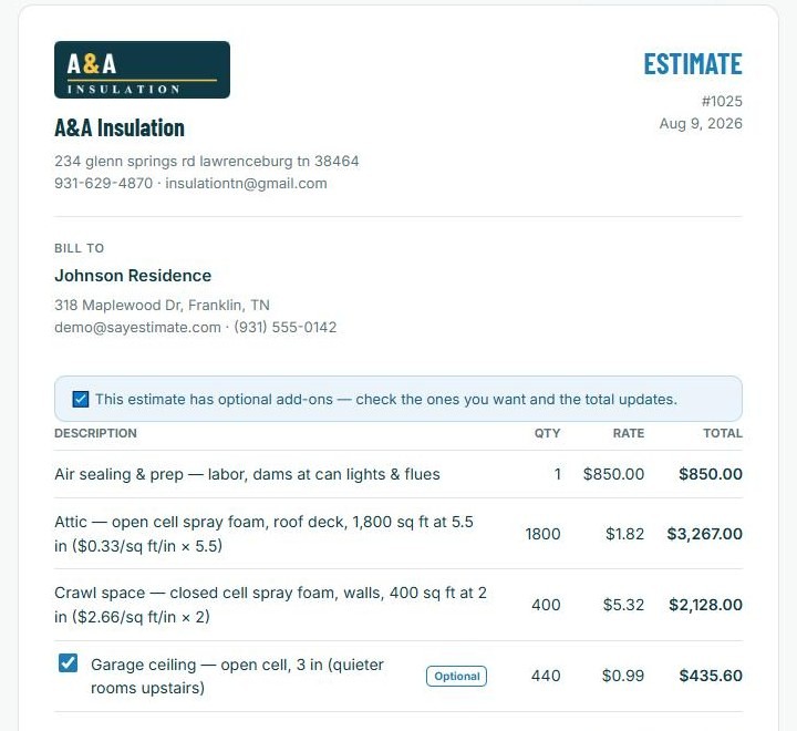 A real SayEstimate estimate as the customer sees it