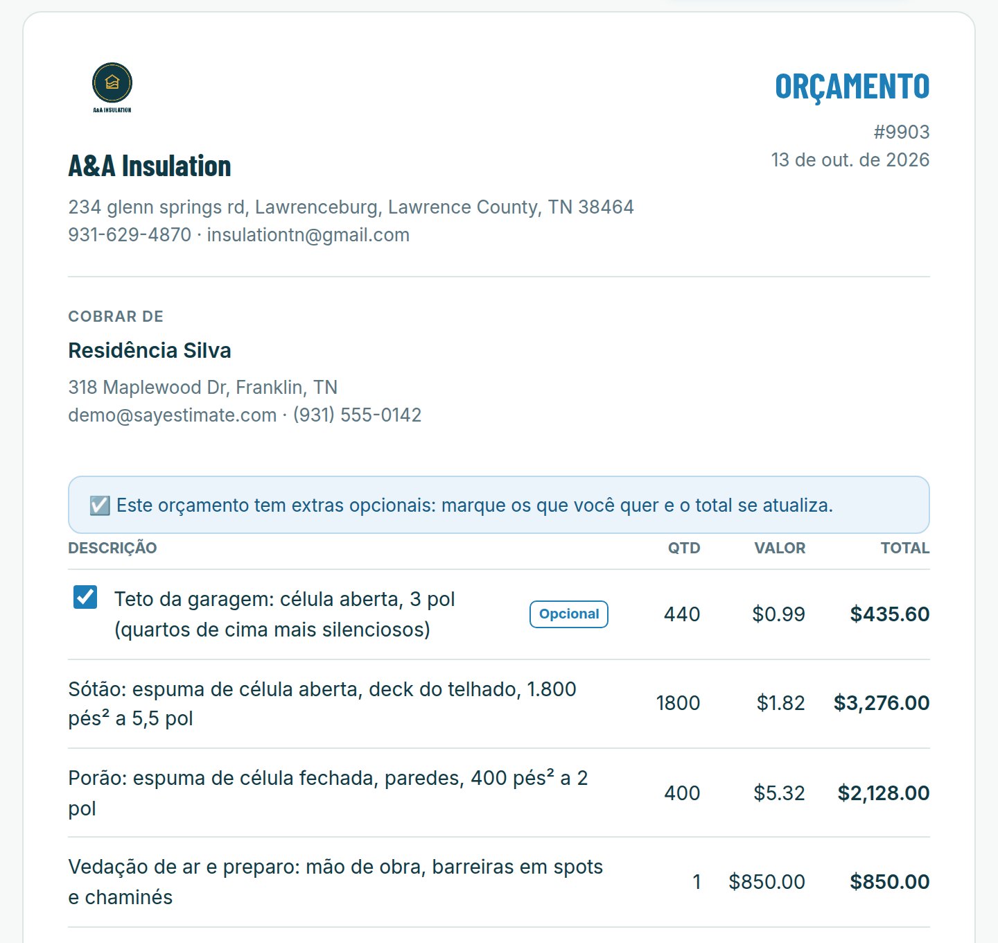 Um orçamento real do SayEstimate como o cliente vê