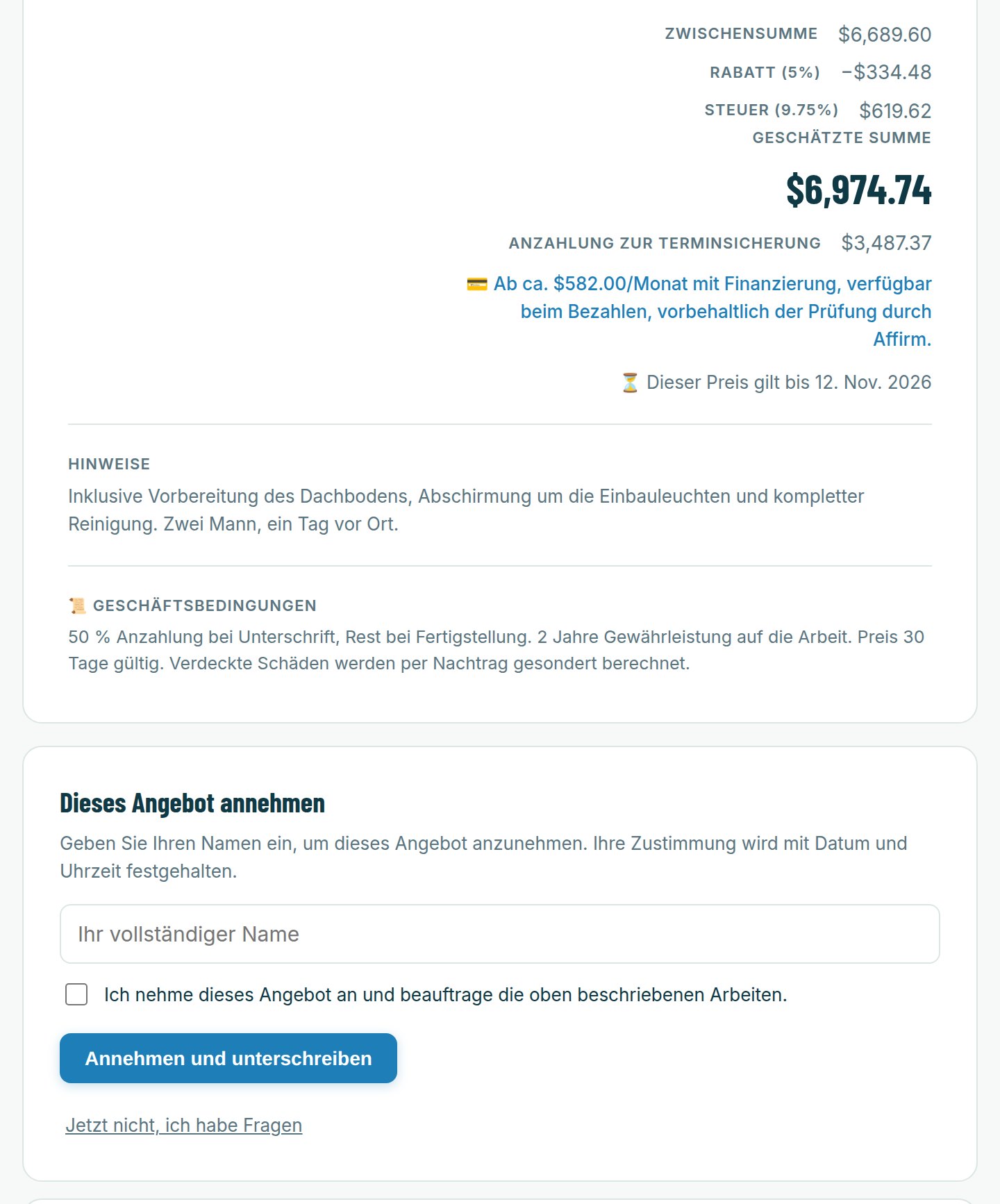 Bedingungen und Ein-Tipp-Unterschrift auf einem SayEstimate-Angebot