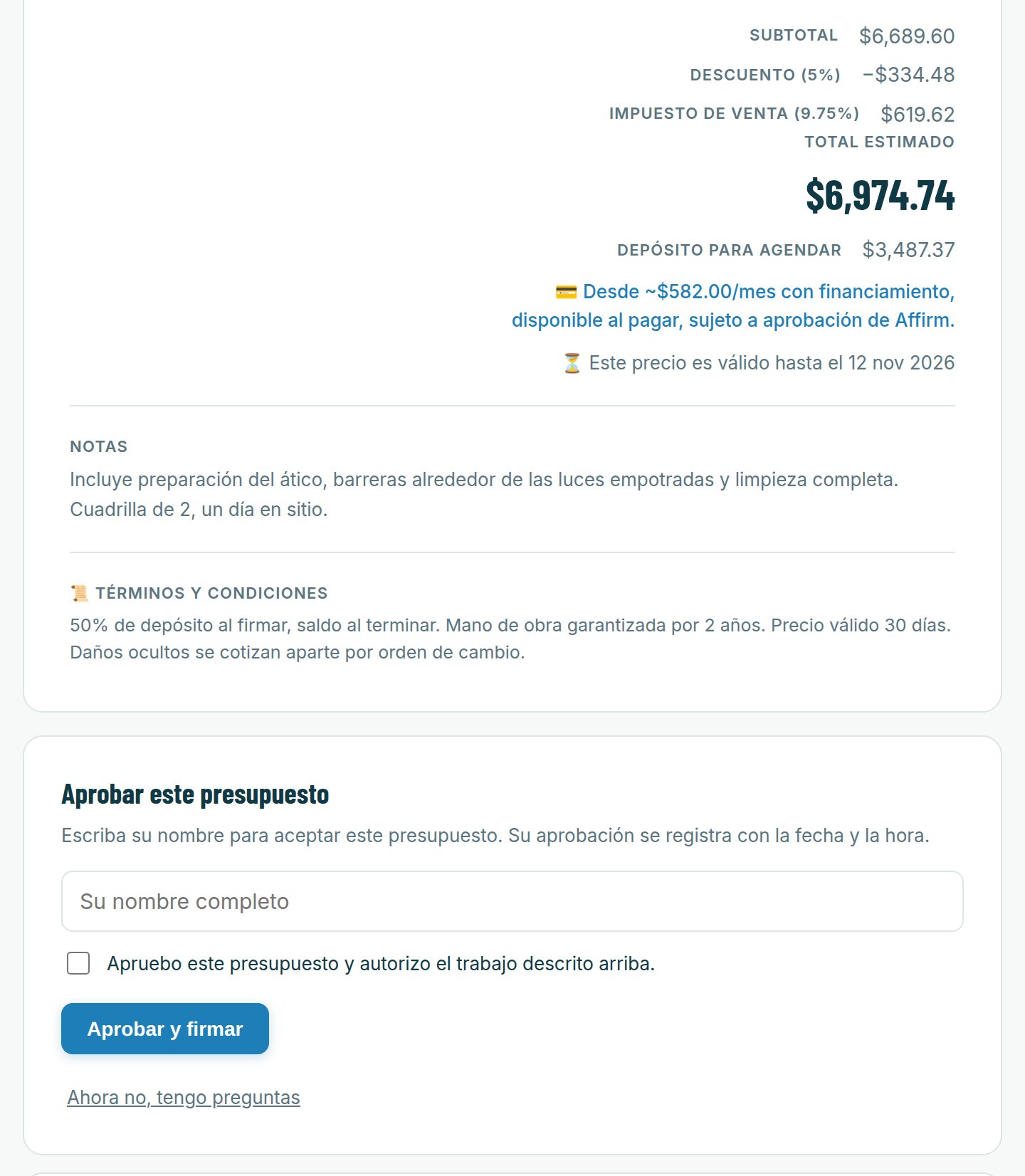 Términos y firma de un toque en un presupuesto de SayEstimate