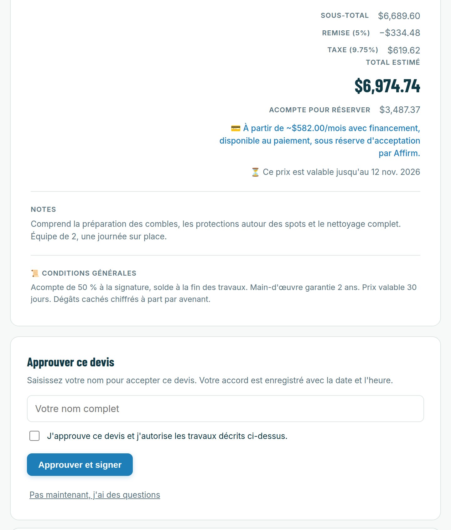 Conditions et signature en un clic sur un devis SayEstimate