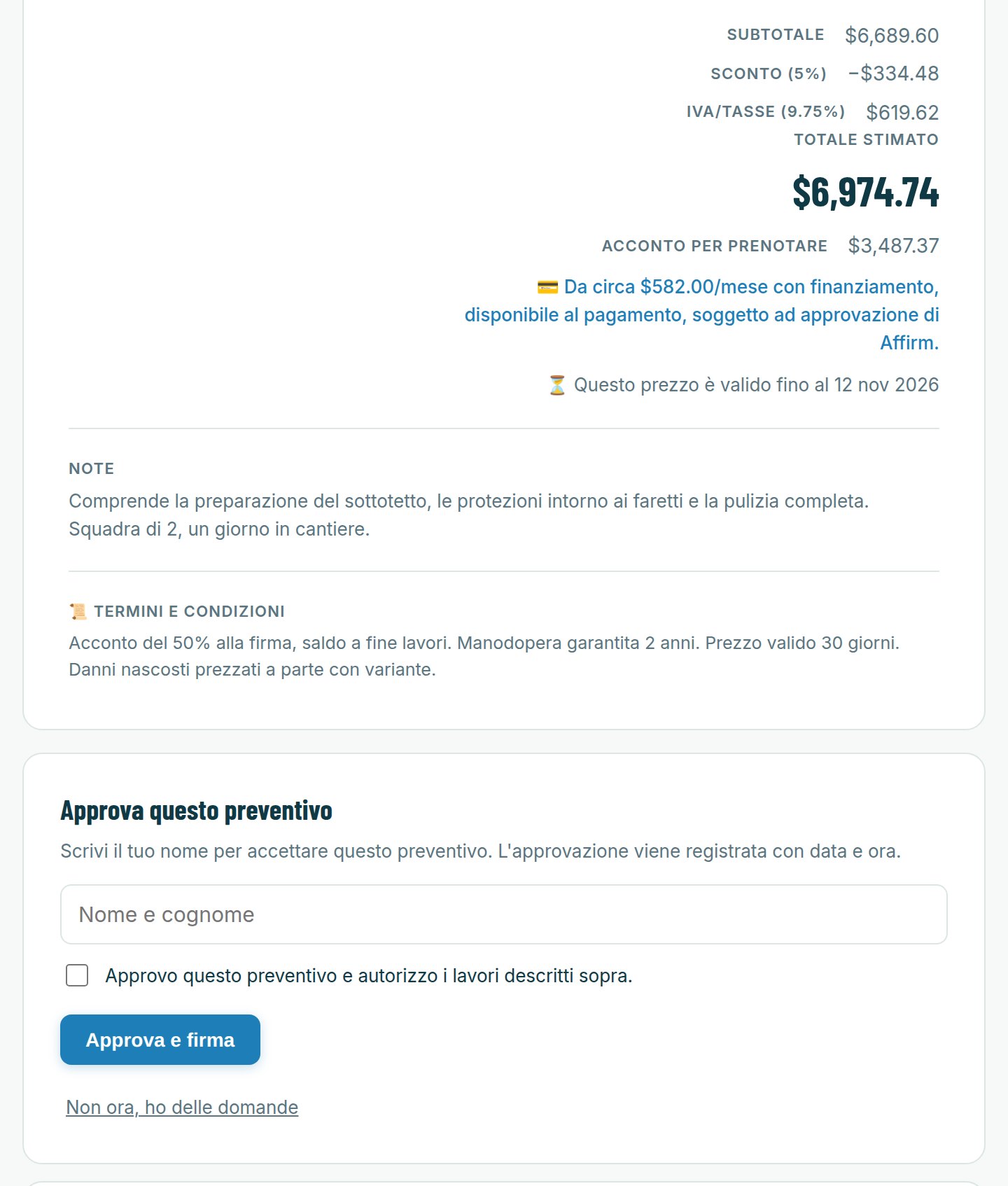 Condizioni e firma a un tocco su un preventivo SayEstimate