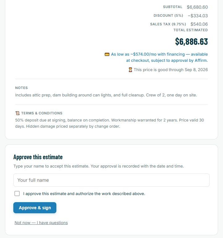 Terms and one-tap signature on a SayEstimate estimate