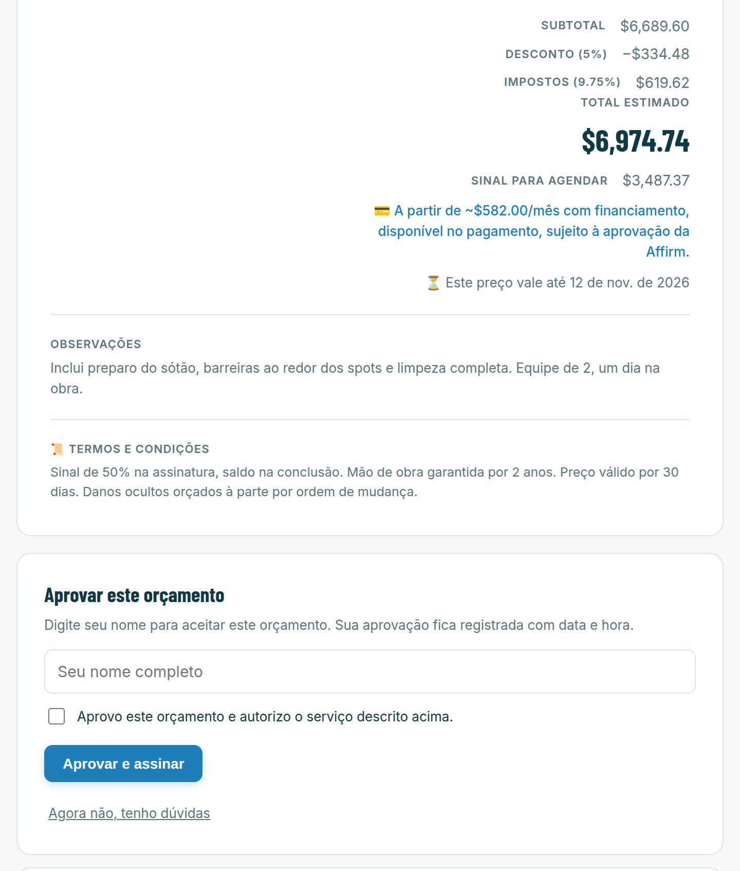 Termos e assinatura de um toque em um orçamento do SayEstimate
